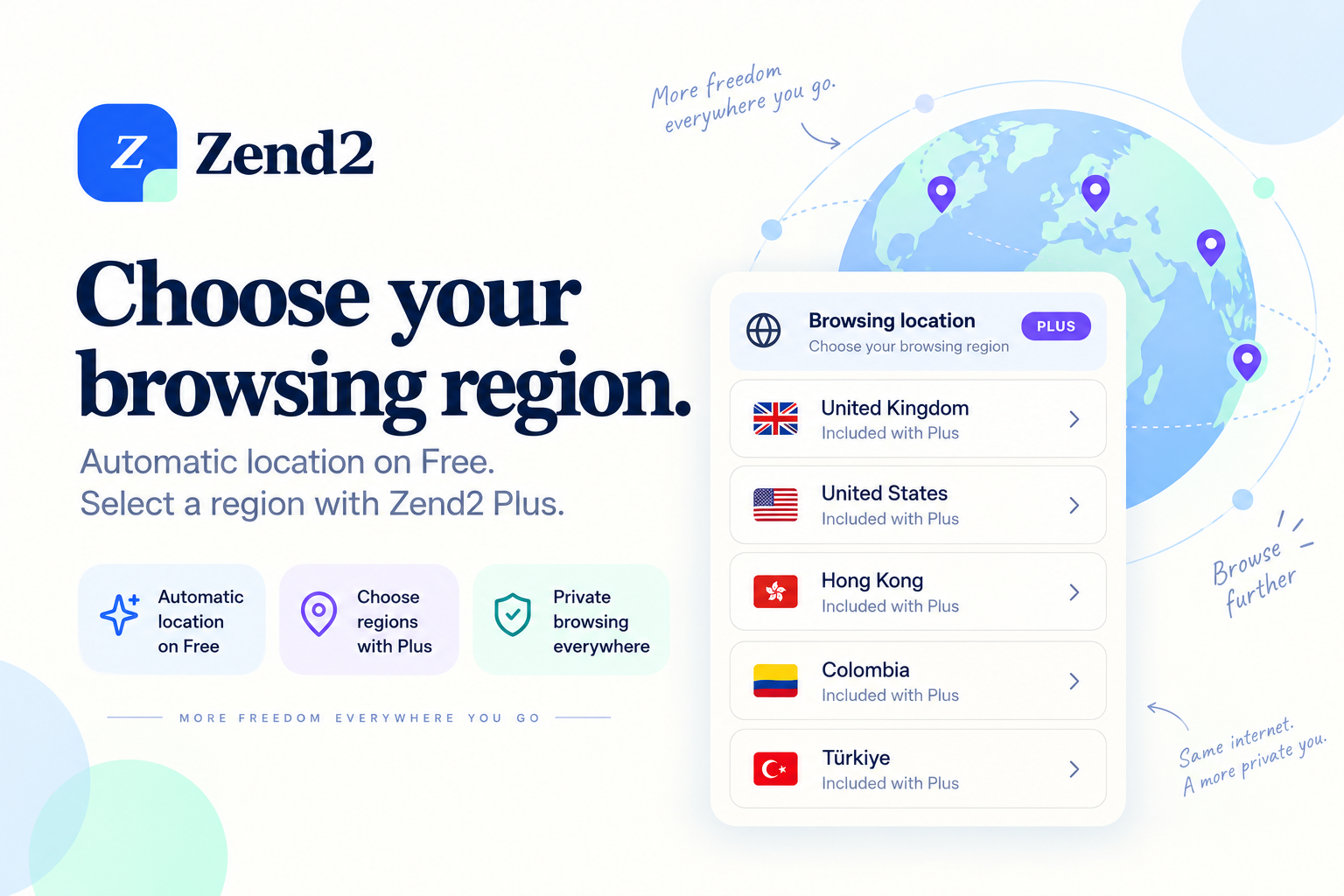 Current Zend2 Plus browsing regions: United Kingdom, United States, Hong Kong, Colombia, and Türkiye